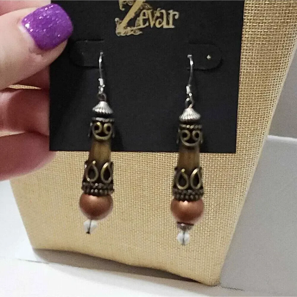 Treska Zevar Antique Gold Filigree Drop Earrings with Copper Bead Crystal Accent